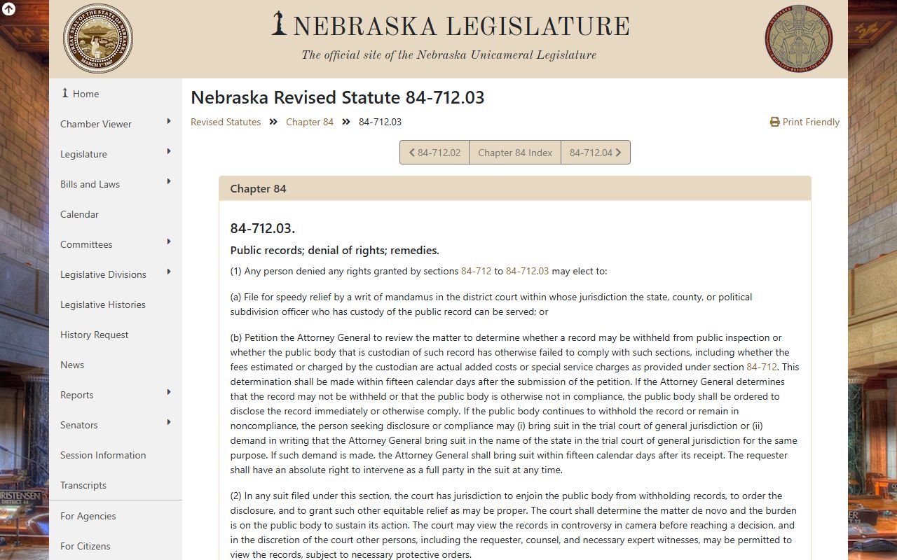 Nebraska public records denial and enforcement statute affecting Douglas County clerk requests