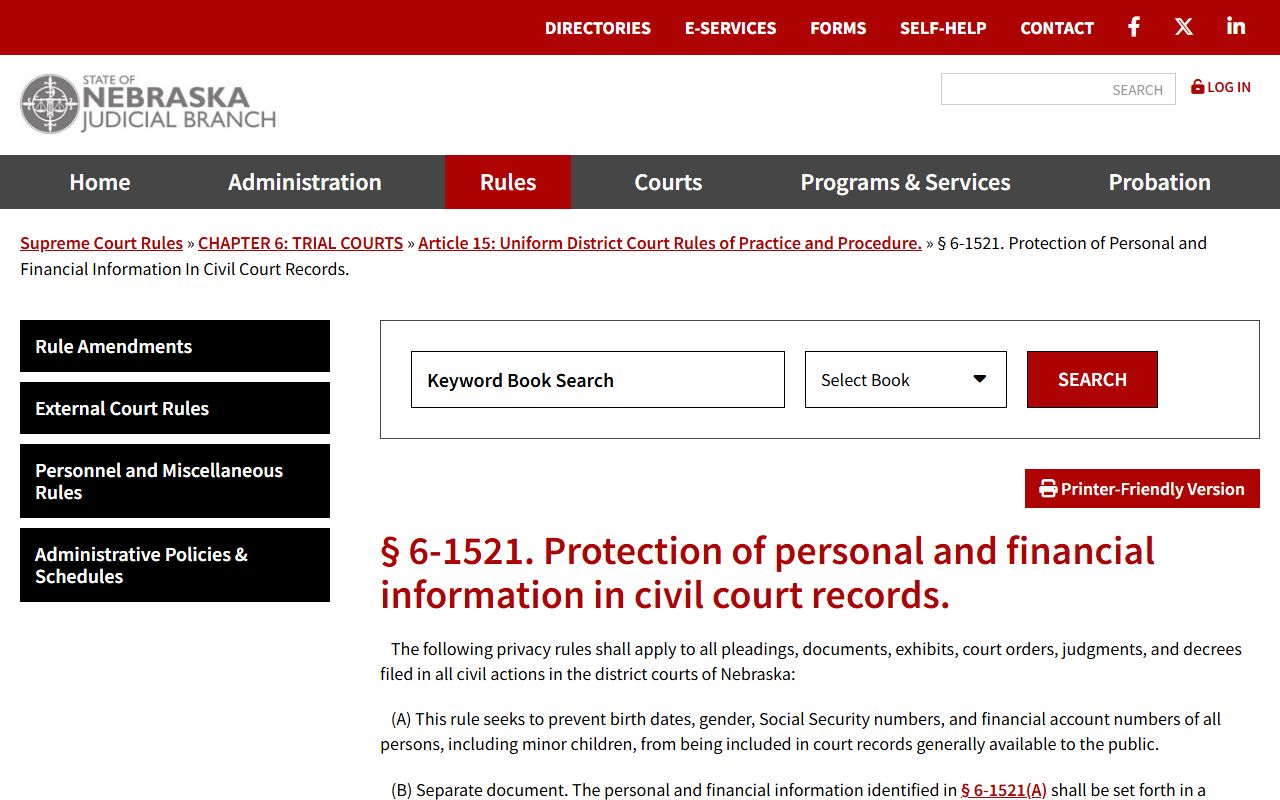 Nebraska civil court record privacy rule for Douglas County District Court