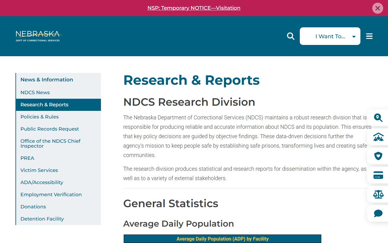Nebraska corrections research and reports used for Douglas County jail population context