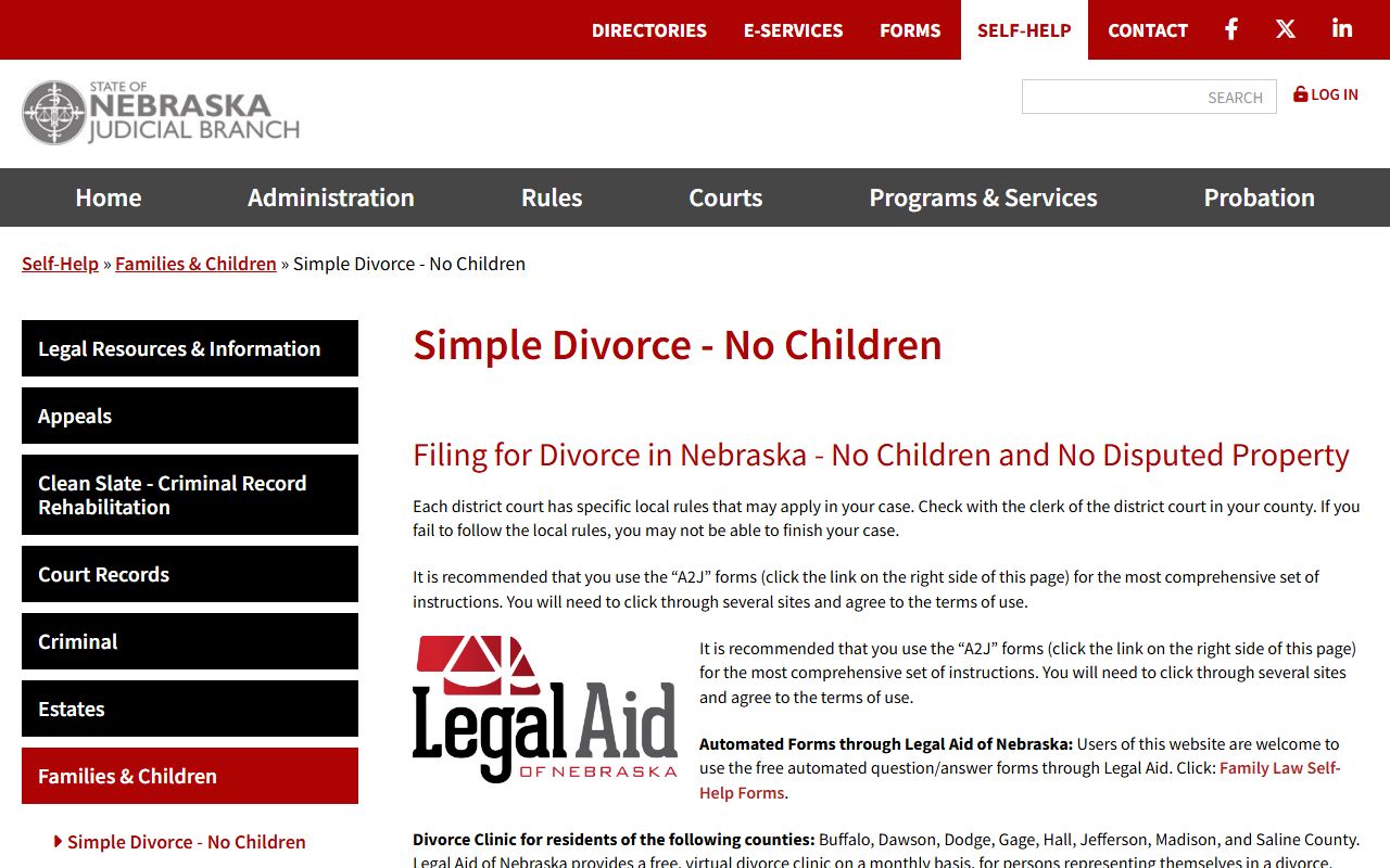 Nebraska Judicial Branch simple divorce self-help for Douglas County