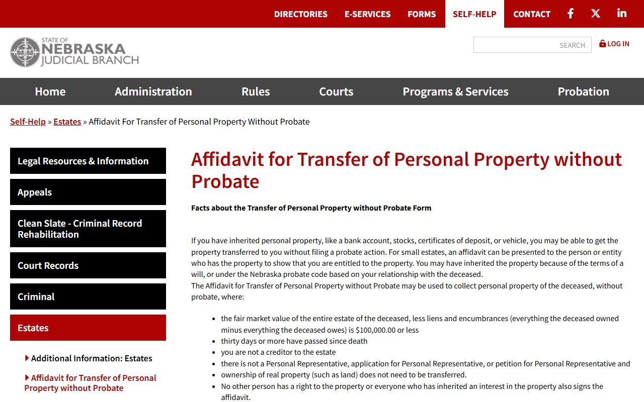 Nebraska small estate affidavit self-help for Douglas County probate