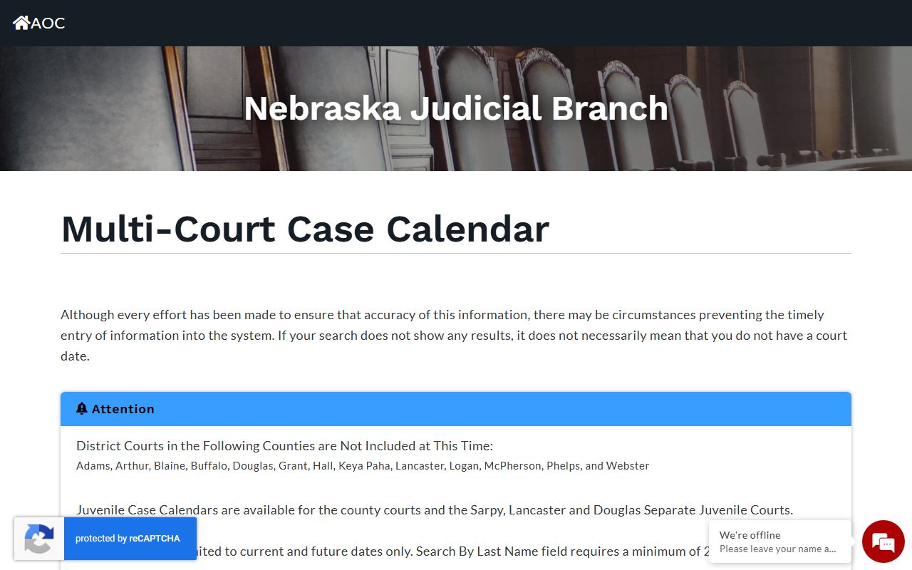 Nebraska multi-court calendar search interface for Douglas County dockets