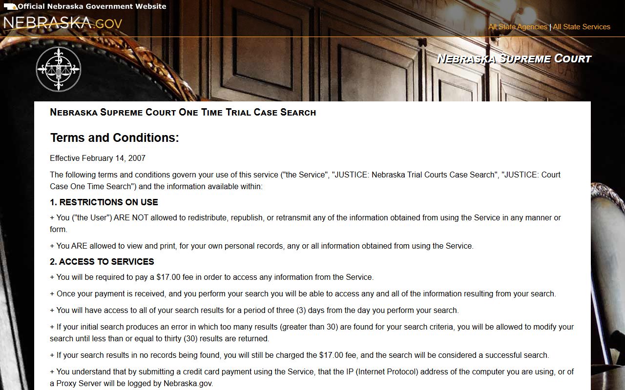 Nebraska JUSTICE terms and conditions for the Douglas County court search