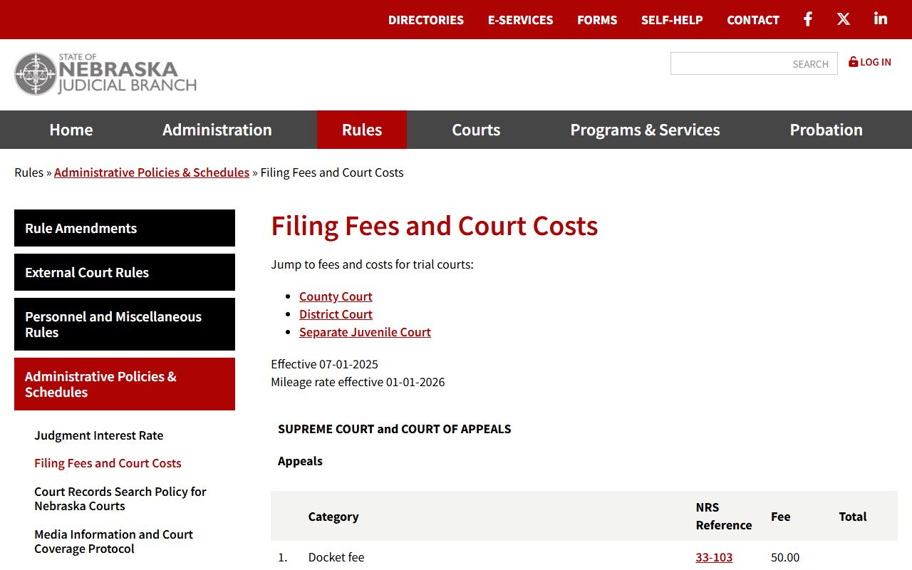 Nebraska filing fees and court costs schedule used for Douglas County cases
