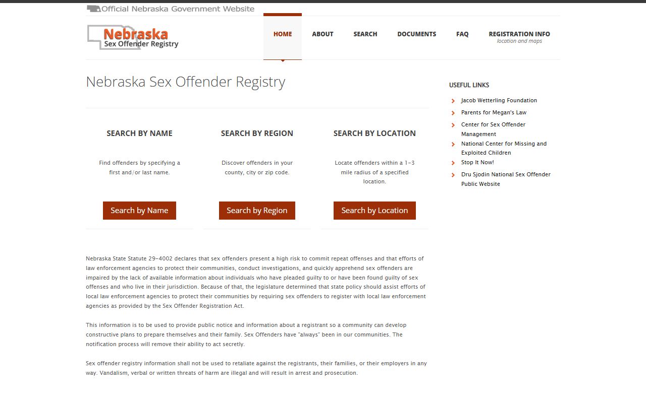 Nebraska sex offender registry landing page used to search Douglas County released offenders